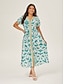 cheap Print Dresses-Puff Sleeve V Neck Maxi Dress