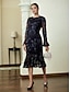 abordables Robes Soirée-Embroidered Long Sleeve Cocktail Midi Dress