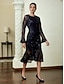 abordables Robes Soirée-Embroidered Long Sleeve Cocktail Midi Dress