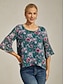 cheap Blouses-Sheer Floral Print Flared Sleeve Chiffon Blouse