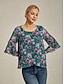 cheap Blouses-Sheer Floral Print Flared Sleeve Chiffon Blouse