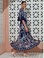 abordables Robes Maxi-Navy Floral Print V Neck Tiered Maxi Dress