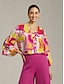 abordables blusas-Floral Satin Lantern Sleeve V Neck Blouse