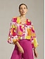 abordables blusas-Floral Satin Lantern Sleeve V Neck Blouse