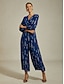 cheap Jumpsuits-Printed Chiffon V Neck Cinched Waist Jumpsuit