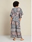 baratos macacões-Folk Print Satin Deep V Neck Jumpsuit