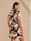 cheap Midi Dresses-Stretch Knit Contrast Zipper Abstract Floral Midi Dress