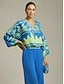 cheap Blouses-Satin Floral Lantern Sleeve V Neck Blouse