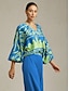 cheap Blouses-Satin Floral Lantern Sleeve V Neck Blouse
