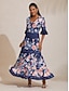 cheap Maxi Dresses-Navy Floral Print Waist Fit Maxi Dress