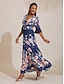 cheap Maxi Dresses-Navy Floral Print Waist Fit Maxi Dress