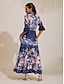 cheap Maxi Dresses-Navy Floral Print Waist Fit Maxi Dress