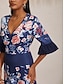 cheap Maxi Dresses-Navy Floral Print Waist Fit Maxi Dress