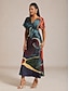 economico Vestiti maxi-Abstract Satin Dolman Sleeve V Neck Waist Tie Maxi Dress