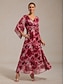 cheap Maxi Dresses-Abstract Floral Knot Front Flared Sleeve Maxi Dress