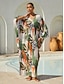 cheap Maxi Dresses-Botanical Print Satin Dolman Maxi Dress