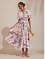 abordables Robes Maxi-Color Block Floral Ruched Satin Maxi Dress