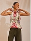 economico Tank Tops &amp; Camis-Floral Stand Collar Shirred Satin Top