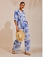 cheap Pants-St Barth Blooms Airy Linen Look Blue Wide-Leg Pants