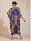 cheap Maxi Dresses-Midnight Blue Baroque Flowy Chiffon Dolman Sleeve Maxi Dress