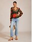 abordables Sale-Women's Elegant Floral Print V Neck Puff Sleeve Vacation Shirt