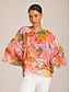abordables blouses-top fluide en mousseline à volants, motif hibiscus sauvage