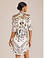 cheap Mini Dresses-Vintage Leopard Jewelry Silky Satin Straight Shirt Dress