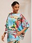 cheap Blouses-Mallorca Blossom Silky Satin Dolman Sleeve Top