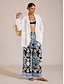 cheap Pants-Summer Night Palm Silky Satin Wide Leg Pants