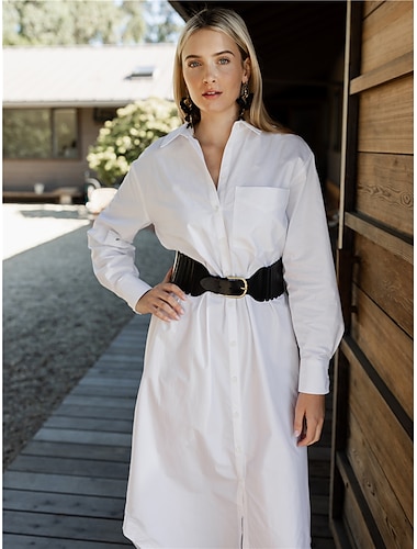  Damen-Hemdkleid, Maxikleid aus weißer Baumwolle, unverzichtbares, lässiges Langarmkleid mit Knopfleiste