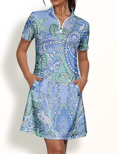  Damen Golfkleid Dunkelmarine Hellblau Kurzarm Sonnenschutz Kleider Paisley-Muster Damen-Golfkleidung, Kleidung, Outfits, Kleidung