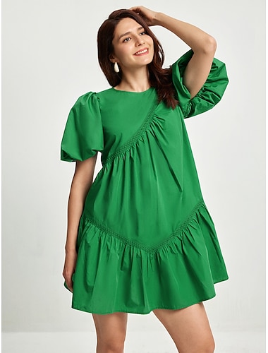  Women's Cotton Knee Length Dress Green Casual Puff Sleeve Crew Neck Summer