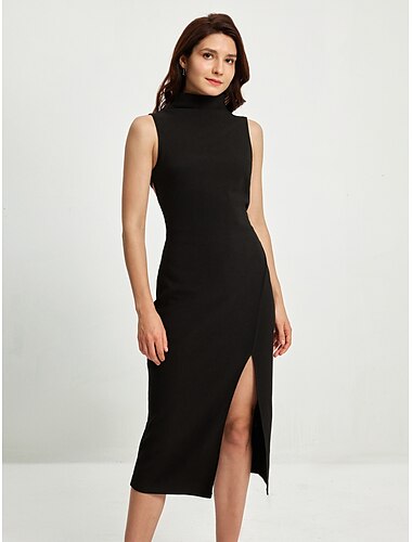  Ärmelloses, hochgeschlossenes Midi-Partykleid, schwarzes Kleid