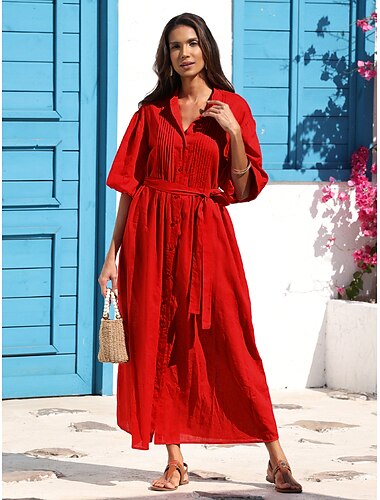  Women's Linen Cotton Shirt Maxi Dress Red Casual Collared Button-Down Loose Fit Puff Sleeve Belted