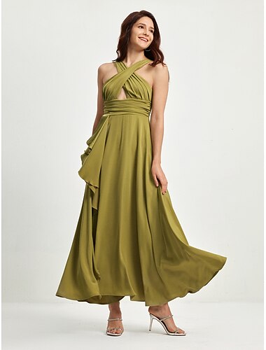 Women's Maxi Cocktail Dress Satin Green Halter Neck Front Slit Cut-out Asymmetrical Ruffle