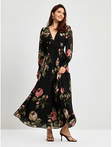  vestido maxi de chiffon com estampa floral e cintura marcada