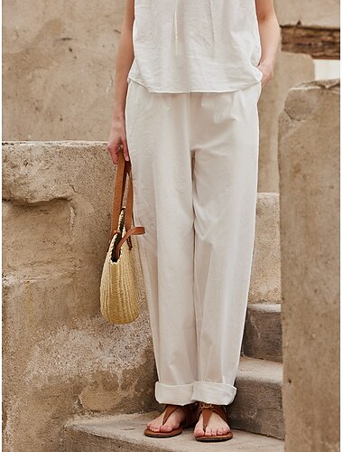  55% Linen Women's Pants White Pocket Linen Slacks Basic Breathable Trousers Modern Regular Fit Summer Spring