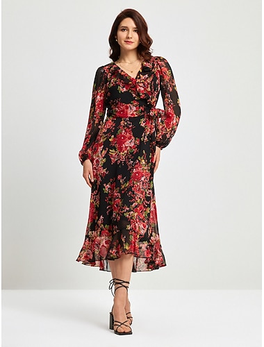  vestido maxi de chiffon com estampa floral e cintura ajustável
