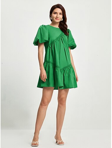  kvinners bomull knelengde kjole grønn casual puff sleeve crew neck sommer