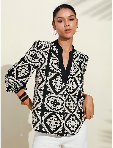  Satin Eden marokkanische schwarz-weiß bedruckte Bluse