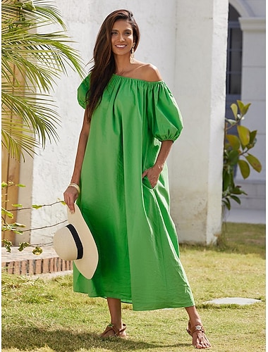 Damen Maxikleid aus Baumwolle, lässiges Urlaubskleid, grün, lockere Passform, schulterfreies Sommerkleid mit Puffärmeln, A-Linie