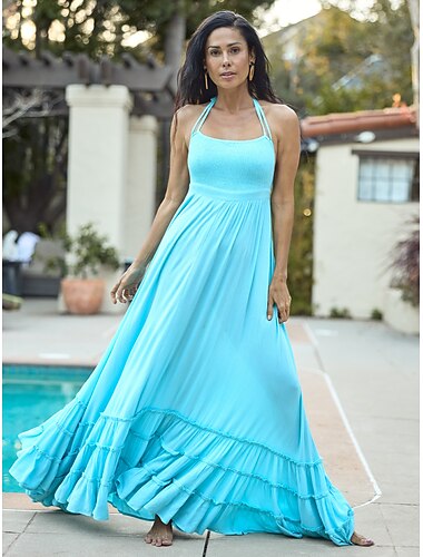  Damen Resort Maxikleid gesmokt Taille blau elegante Neckholder Cami Maxikleid Strandüberzug