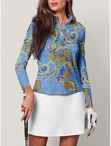  Damen poloshirt Blau Langarm Sonnenschutz Shirt Paisley-Muster Herbst Winter Damen-Golfkleidung, Kleidung, Outfits, Kleidung