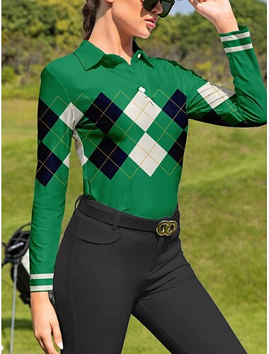  Women's Golf Polo Shirt Plaid Green Long Sleeve Sun Protection UPF 50 Top for Ladies Golf Attire