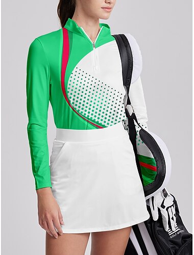  Mulheres Camisa polo de caminhada Verde Manga Longa Proteção Solar Blusas Poá Outono Inverno Roupas femininas de golfe, roupas, roupas, roupas