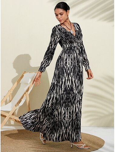  Neva Black & White Spotted Print Bubble Satin V Neck Long Sleeve Swing Maxi Dress