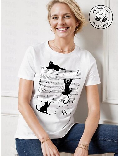  Damen T Shirt 100% Baumwolle Katze Bedruckt Täglich Wochenende Modisch Kurzarm Rundhalsausschnitt Weiß Sommer