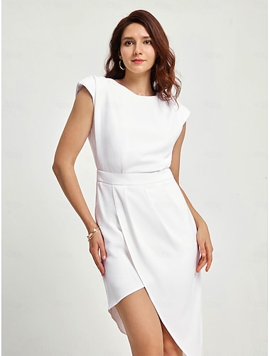  Women's Cocktail Knee Length Dress White Semi Formal Open Back Asymmetrical Hem Summer Dress