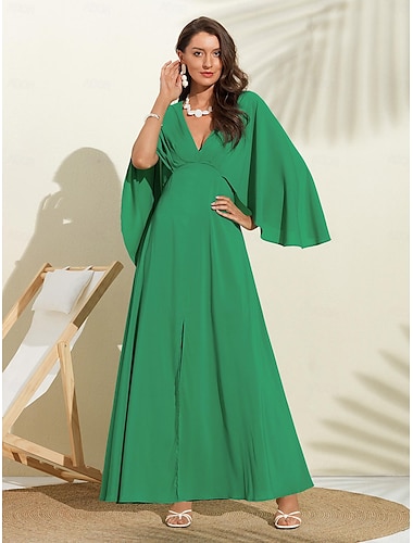  Damen-Hochzeitsgastkleid, Maxi, grün, V-Ausschnitt, Fledermausärmel, Cape-Design