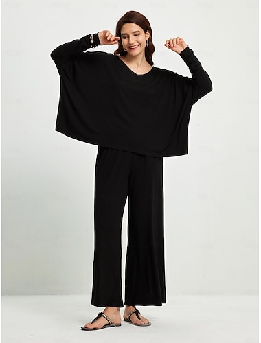 Solid Round Neck Loose Trousers Set